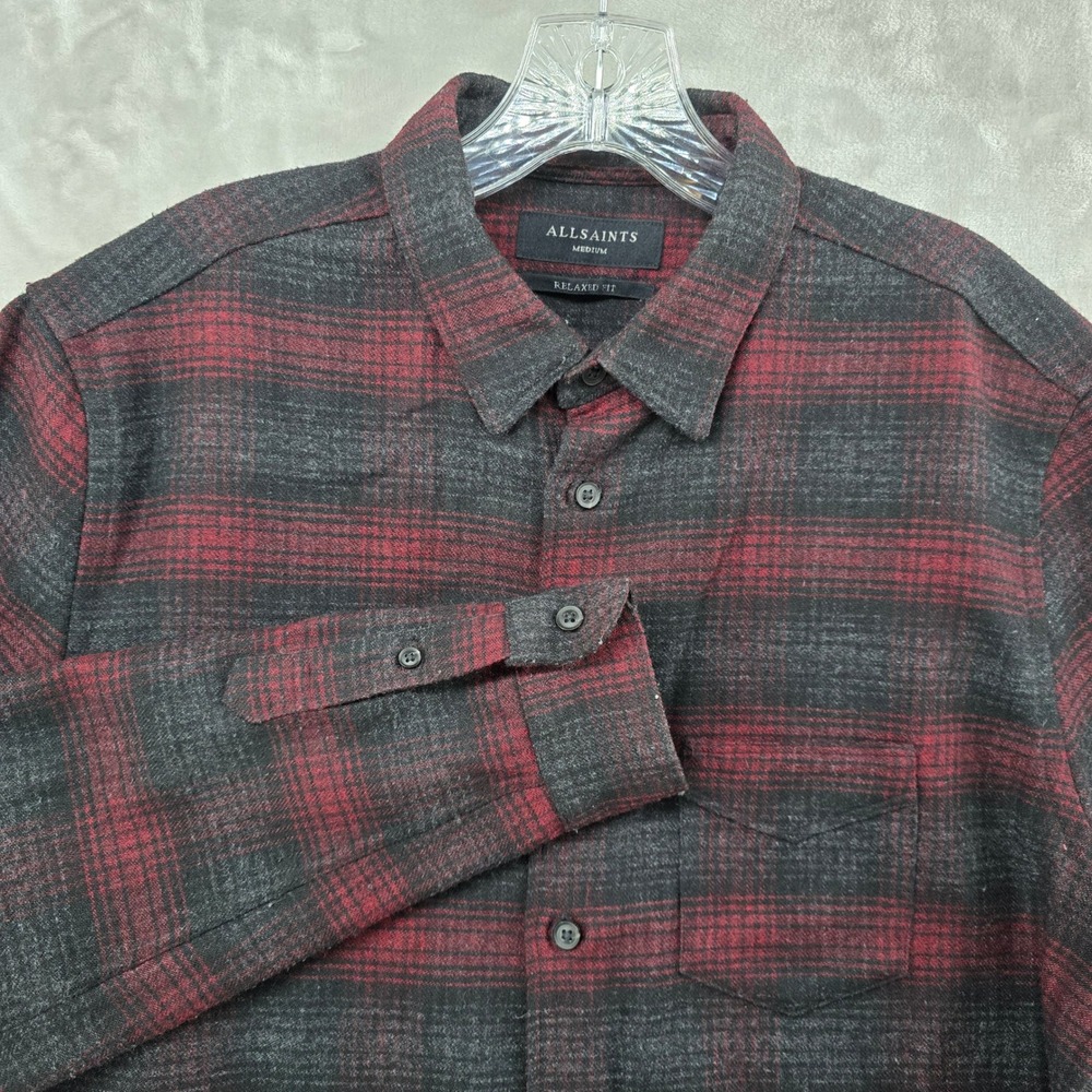 AllSaints‎ Newhalen Shirt Mens Medium Red Black Plaid Wool Blend Relaxed Fit